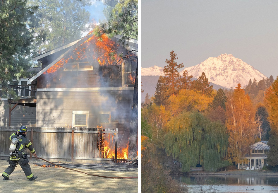 Left side house on fire with firefighter spraying water on it. Right green tree with snow-covered mountain in the background.