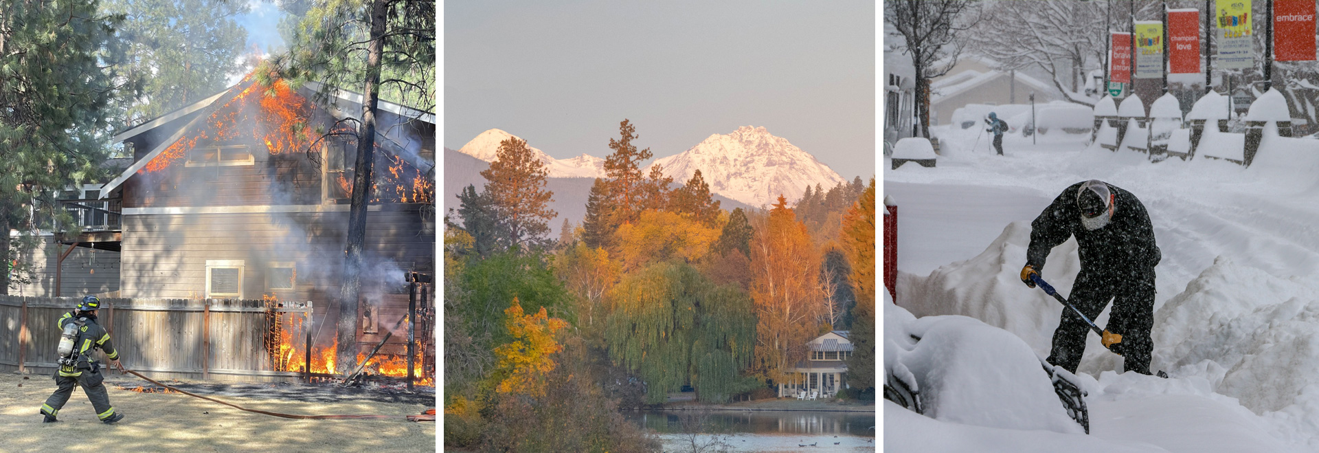 Firefighter putting water on a burning house, snow-covered mountains, person shoveling snow.