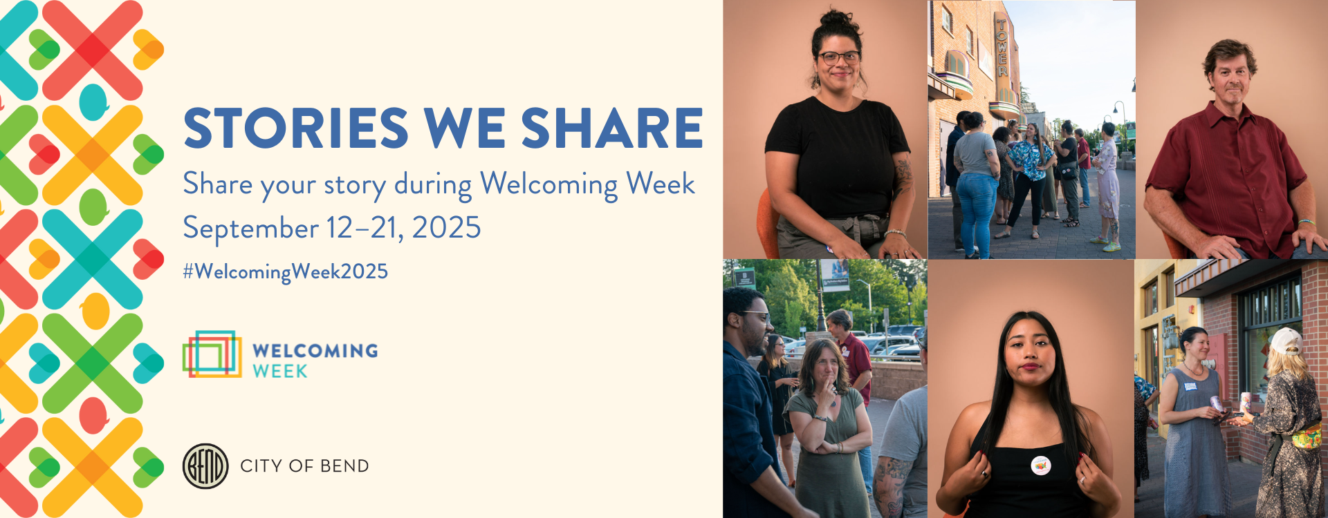 Collage of people from various ethnic backgrounds and text for the Welcoming Week events.