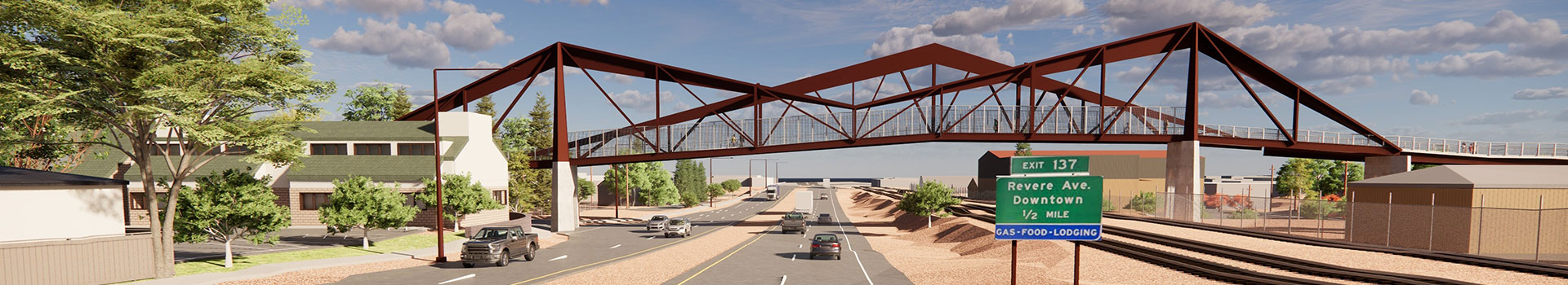 Rendering of the bridge design featuring trusses in the shape of three mountains.
