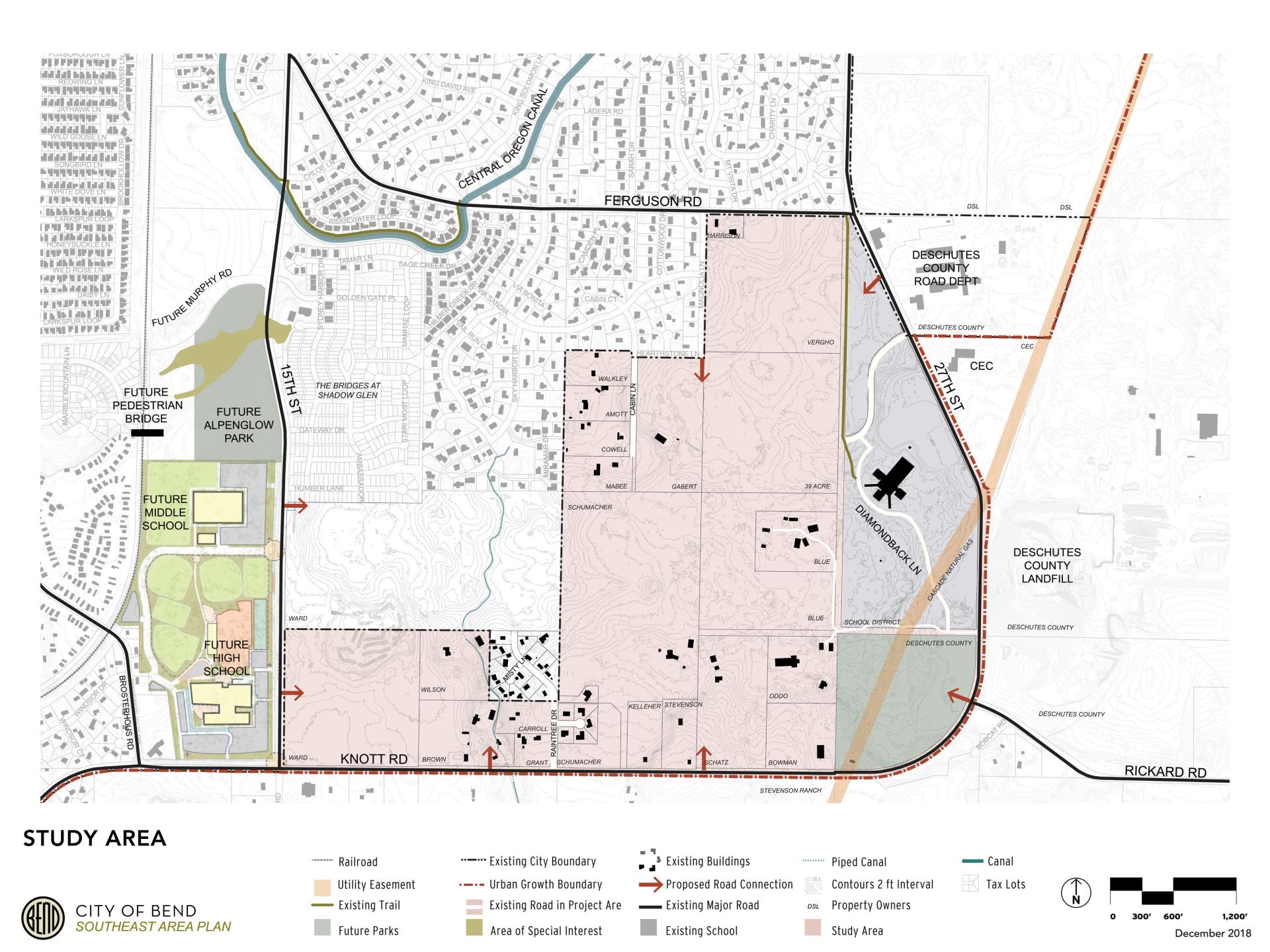 Map of study area bordered by Ferguson Rd to the north, SE 27th Street to the east, Knott Rd to the south, and 15th Street to the west.
